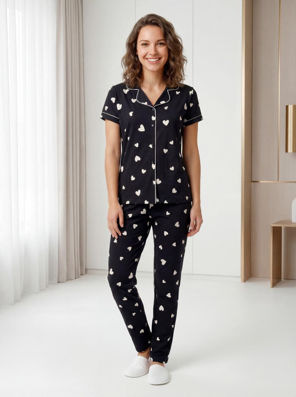 LS Women's Heart Printed Shirt Pyjama Night Suit